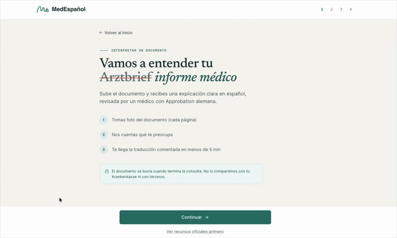 Arztbrief interpretation flow: upload, AI draft, human review, response